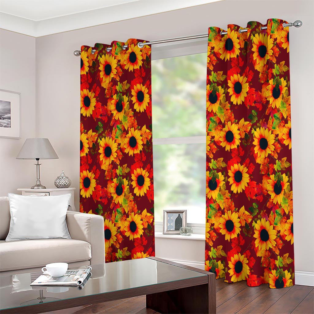 Red Autumn Sunflower Pattern Print Extra Wide Grommet Curtains