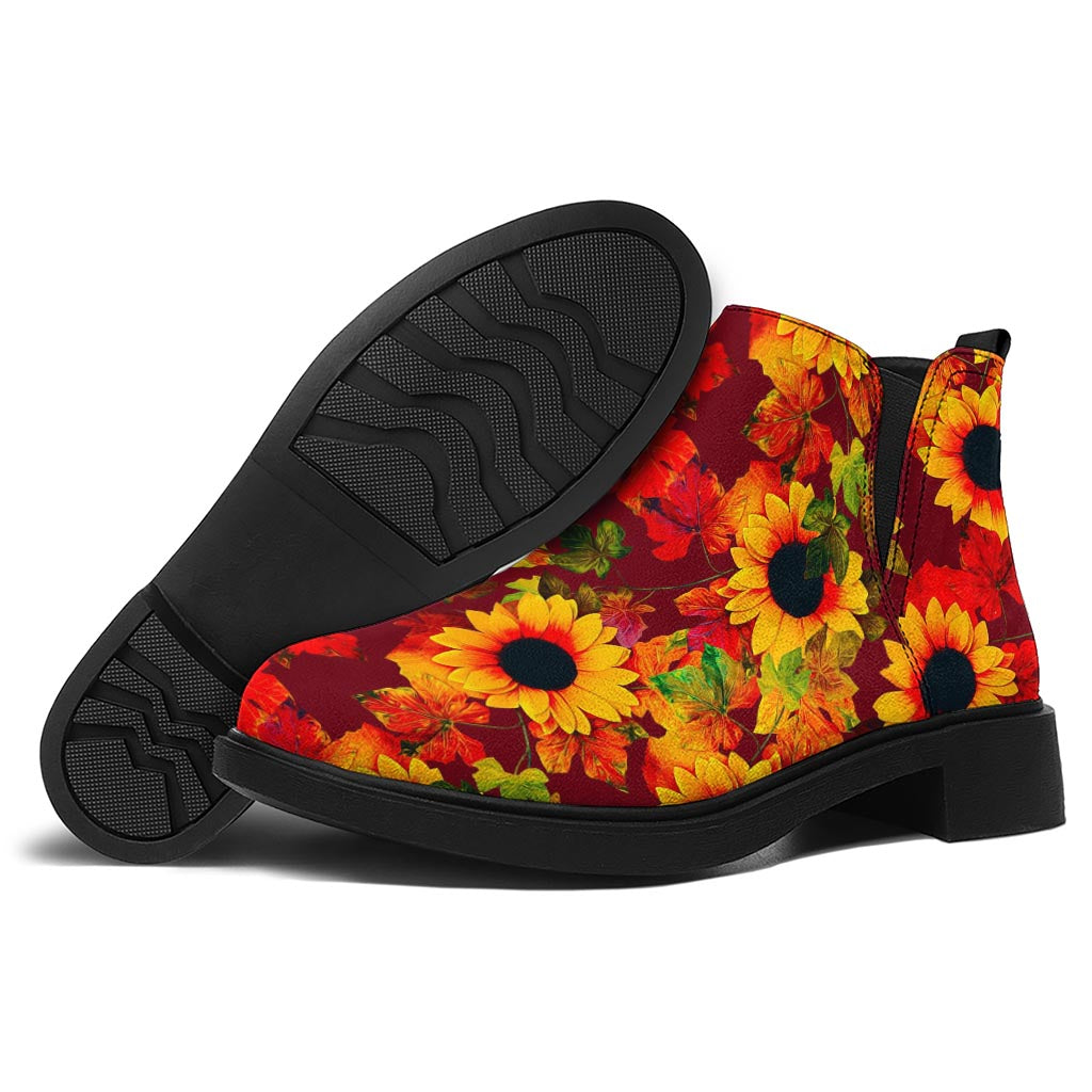 Red Autumn Sunflower Pattern Print Flat Ankle Boots