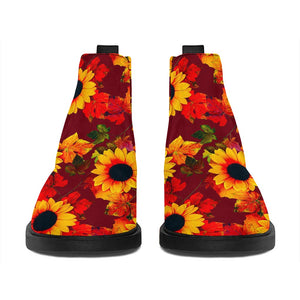 Red Autumn Sunflower Pattern Print Flat Ankle Boots