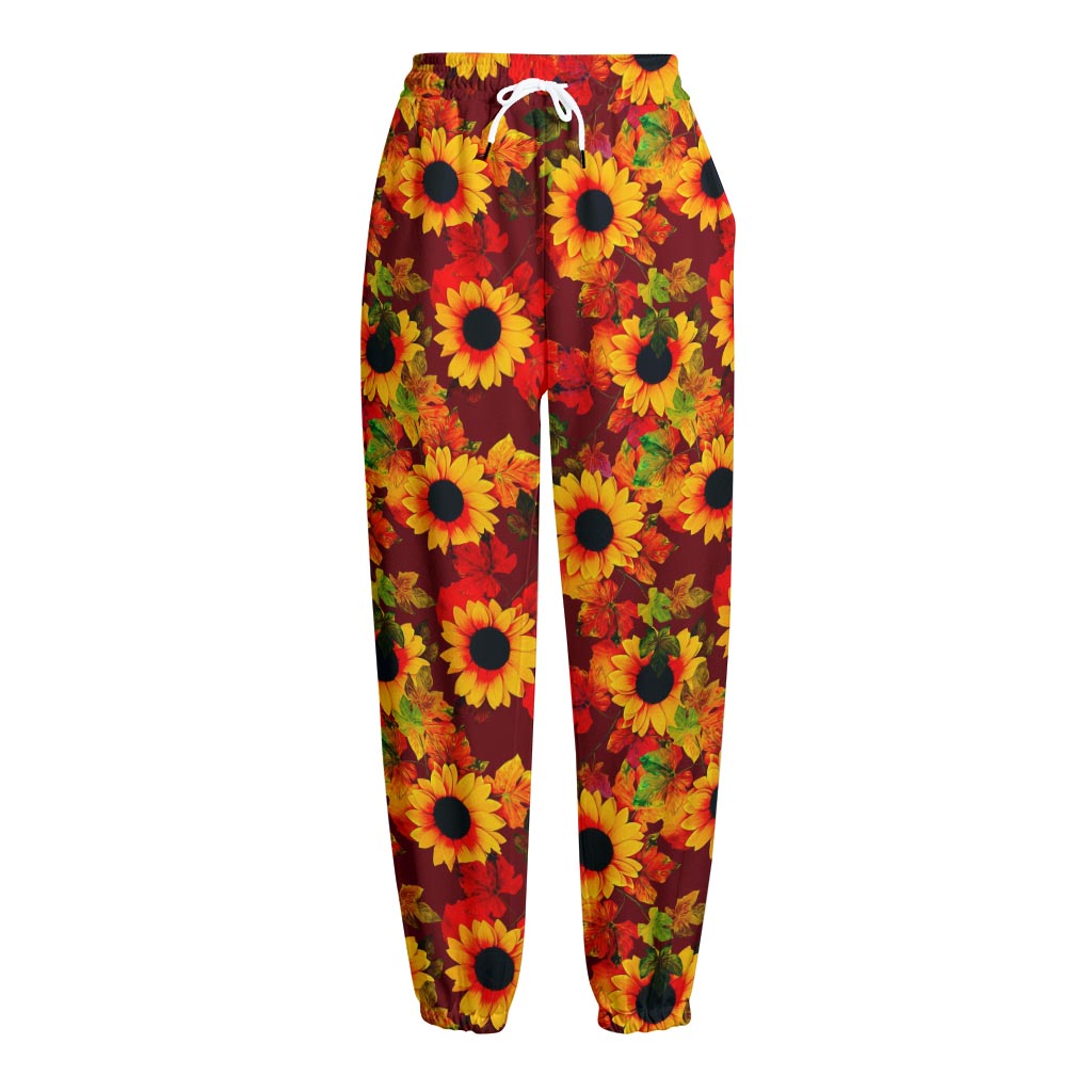 Red Autumn Sunflower Pattern Print Fleece Lined Knit Pants