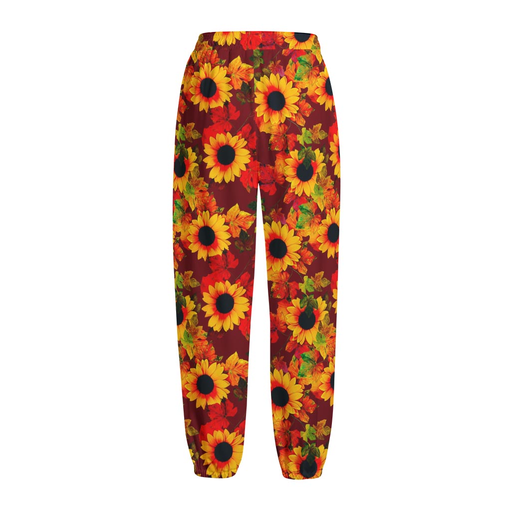 Red Autumn Sunflower Pattern Print Fleece Lined Knit Pants