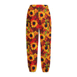 Red Autumn Sunflower Pattern Print Fleece Lined Knit Pants