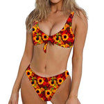 Red Autumn Sunflower Pattern Print Front Bow Tie Bikini