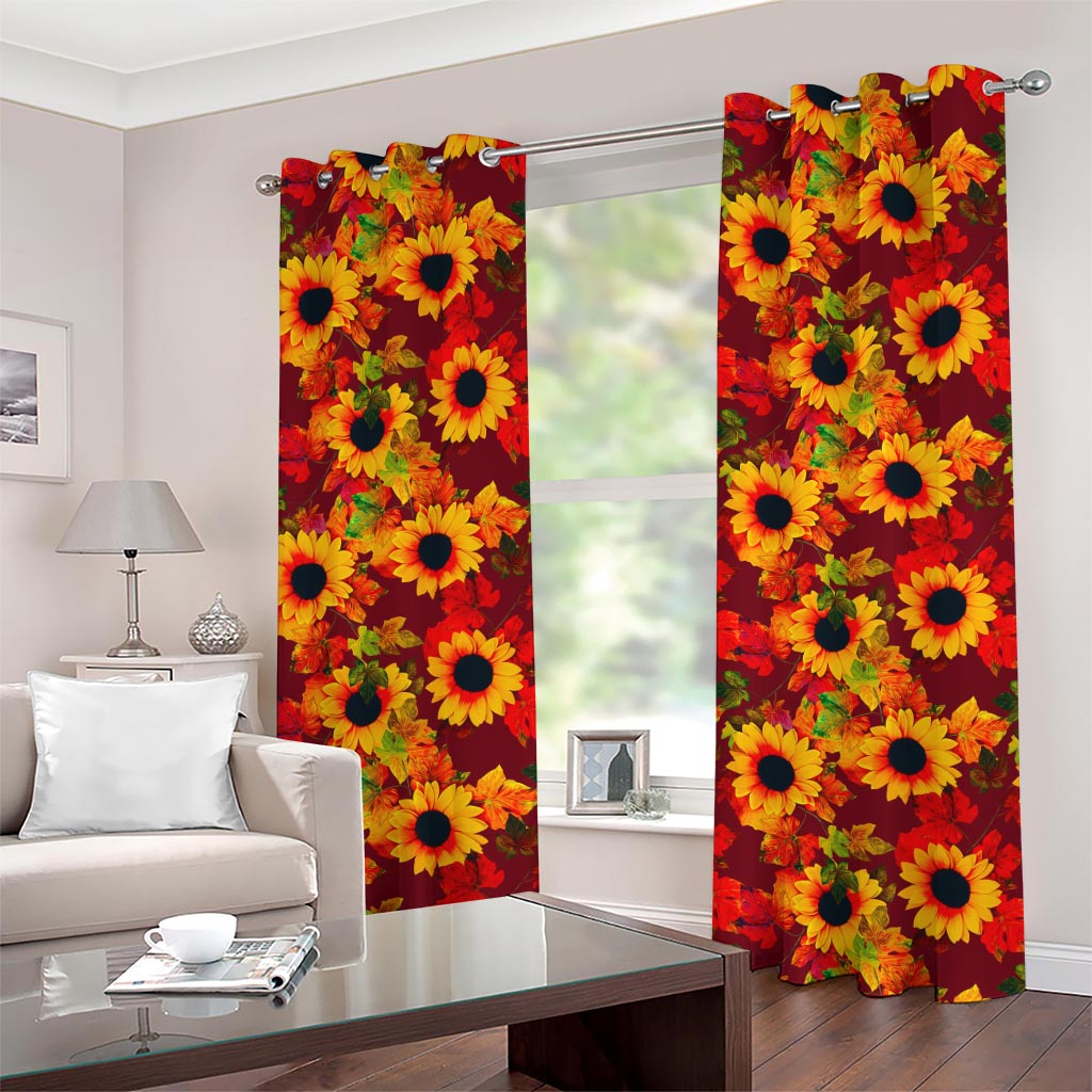 Red Autumn Sunflower Pattern Print Grommet Curtains