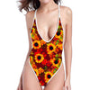 Red Autumn Sunflower Pattern Print High Cut One Piece Swimsuit