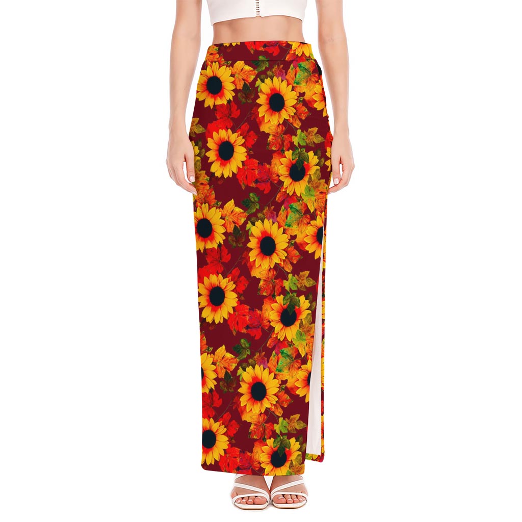 Red Autumn Sunflower Pattern Print High Slit Maxi Skirt