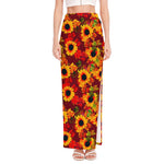 Red Autumn Sunflower Pattern Print High Slit Maxi Skirt