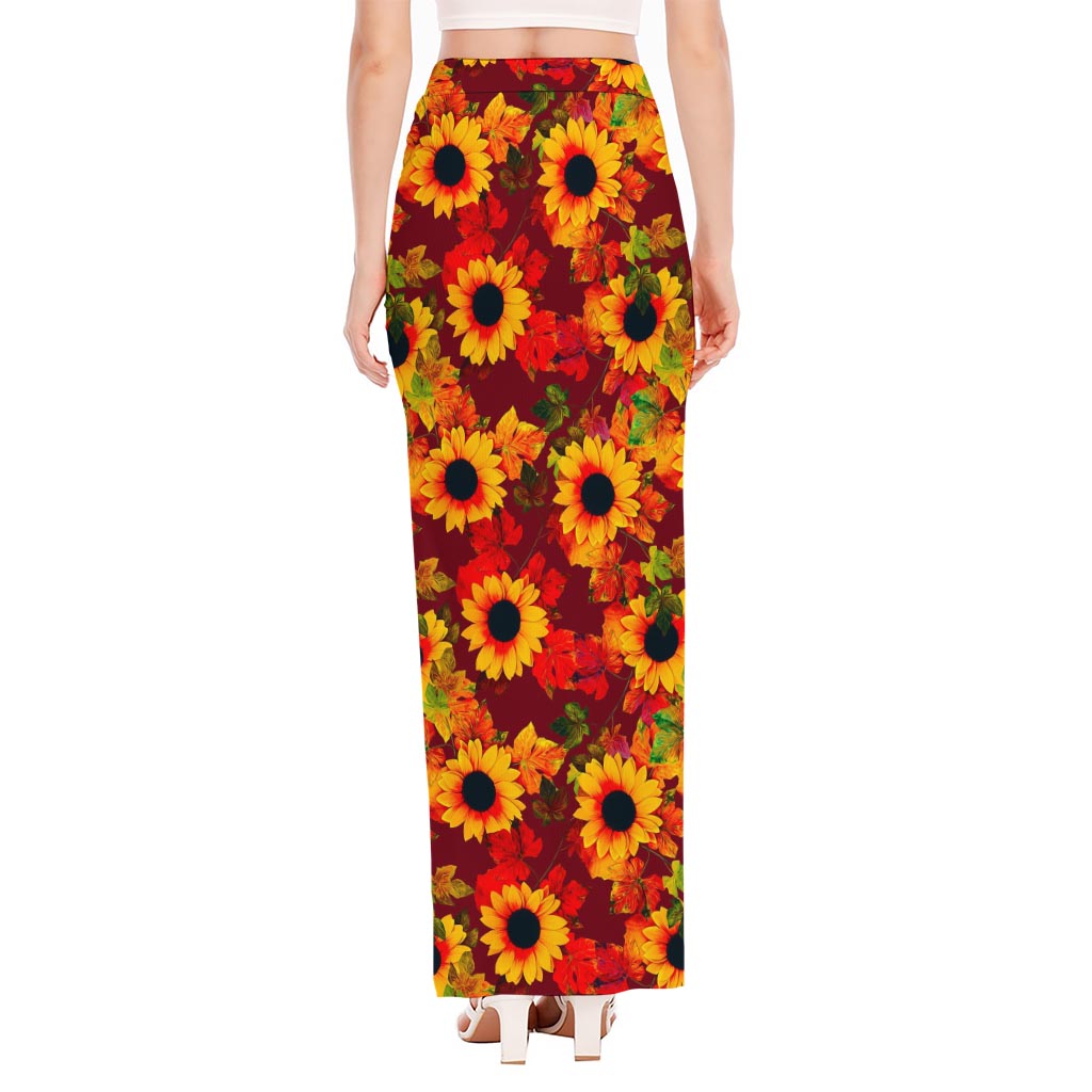 Red Autumn Sunflower Pattern Print High Slit Maxi Skirt