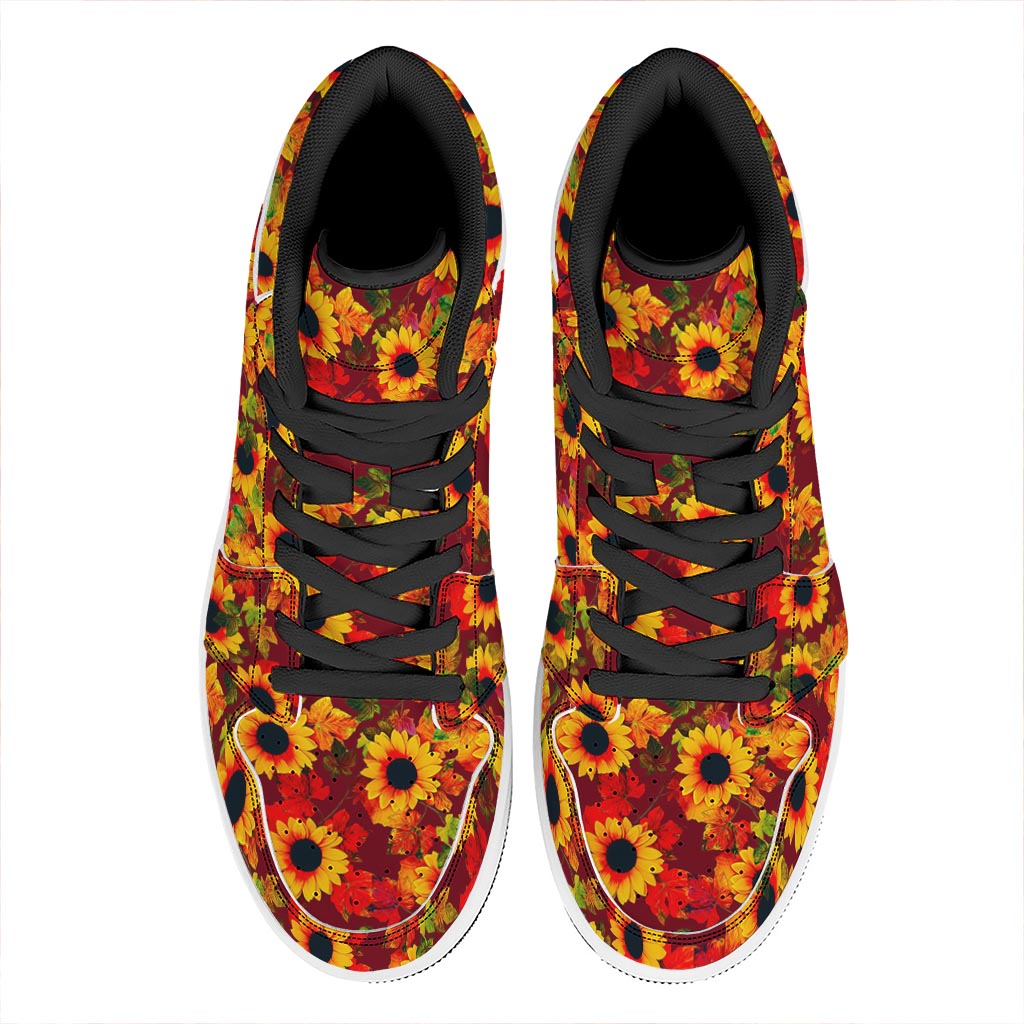 Red Autumn Sunflower Pattern Print High Top Leather Sneakers