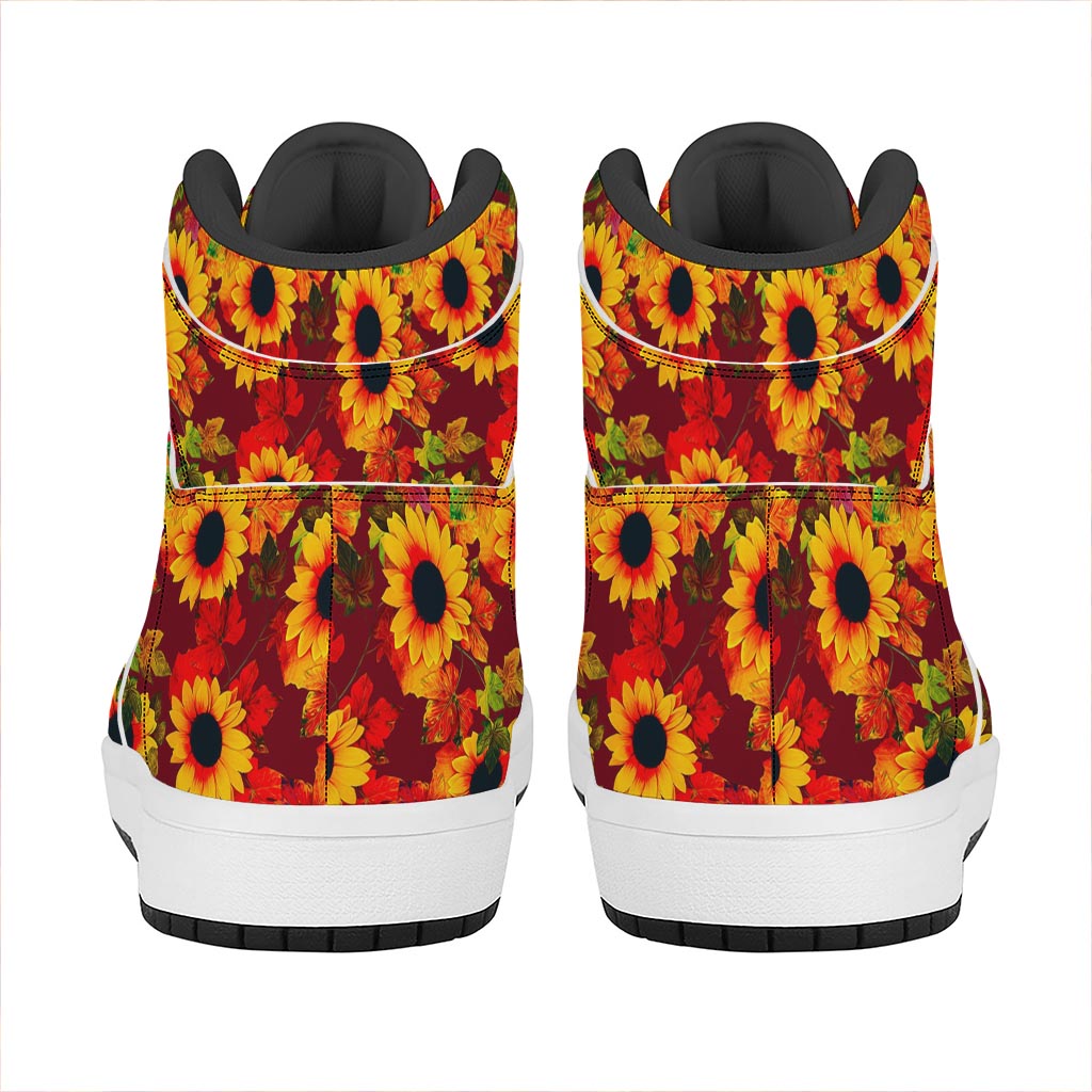 Red Autumn Sunflower Pattern Print High Top Leather Sneakers