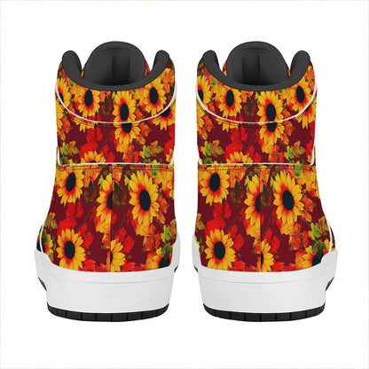 Red Autumn Sunflower Pattern Print High Top Leather Sneakers