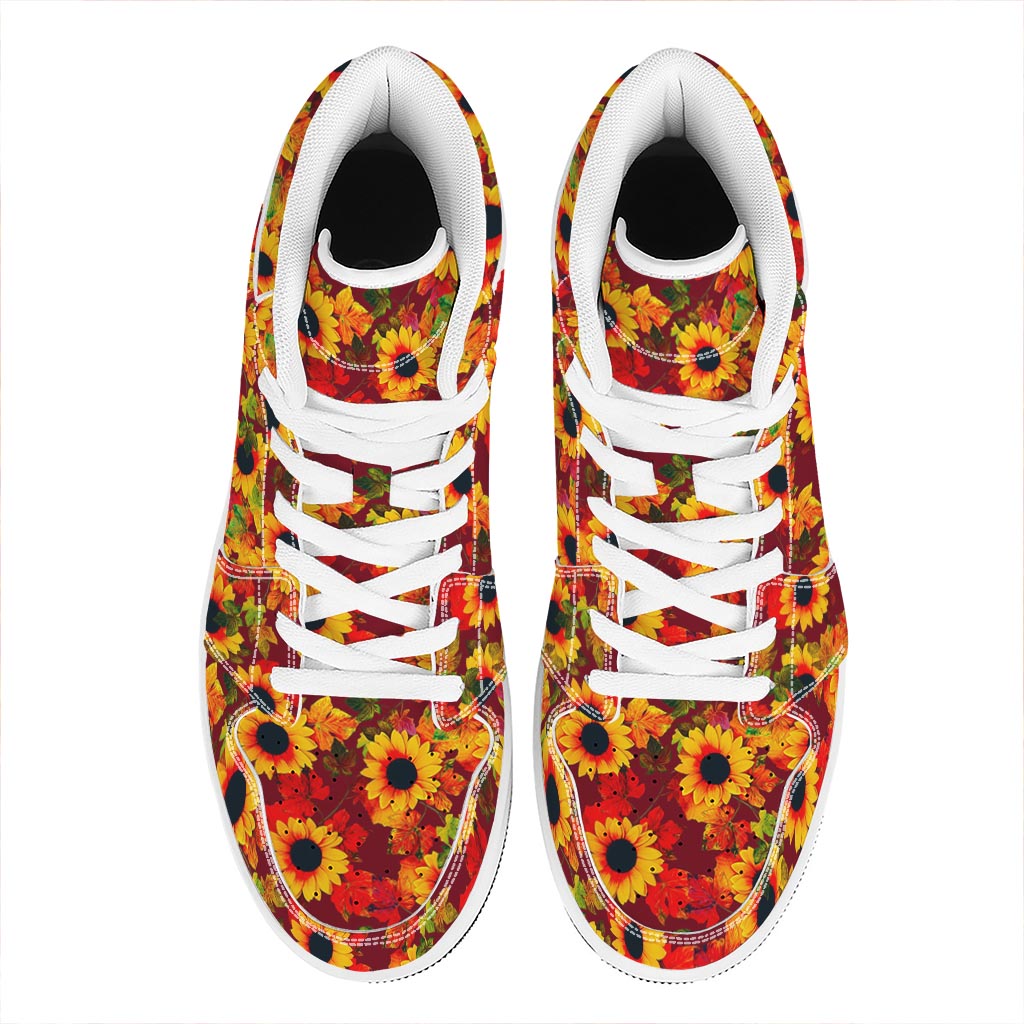 Red Autumn Sunflower Pattern Print High Top Leather Sneakers