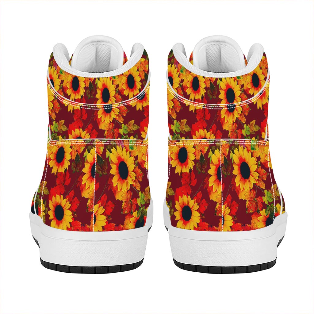 Red Autumn Sunflower Pattern Print High Top Leather Sneakers