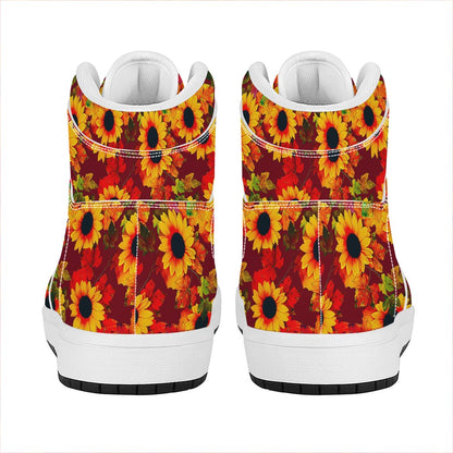 Red Autumn Sunflower Pattern Print High Top Leather Sneakers