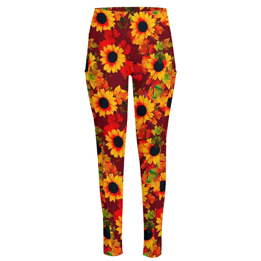 Red Autumn Sunflower Pattern Print High-Waisted Pocket Leggings