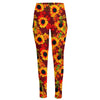 Red Autumn Sunflower Pattern Print High-Waisted Pocket Leggings