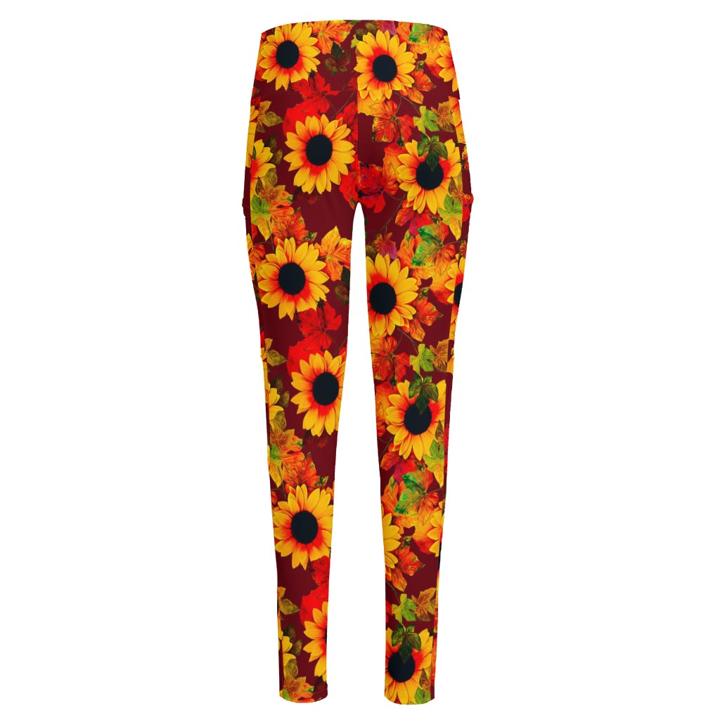 Red Autumn Sunflower Pattern Print High-Waisted Pocket Leggings