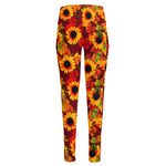 Red Autumn Sunflower Pattern Print High-Waisted Pocket Leggings