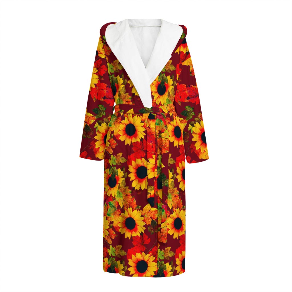 Red Autumn Sunflower Pattern Print Hooded Bathrobe