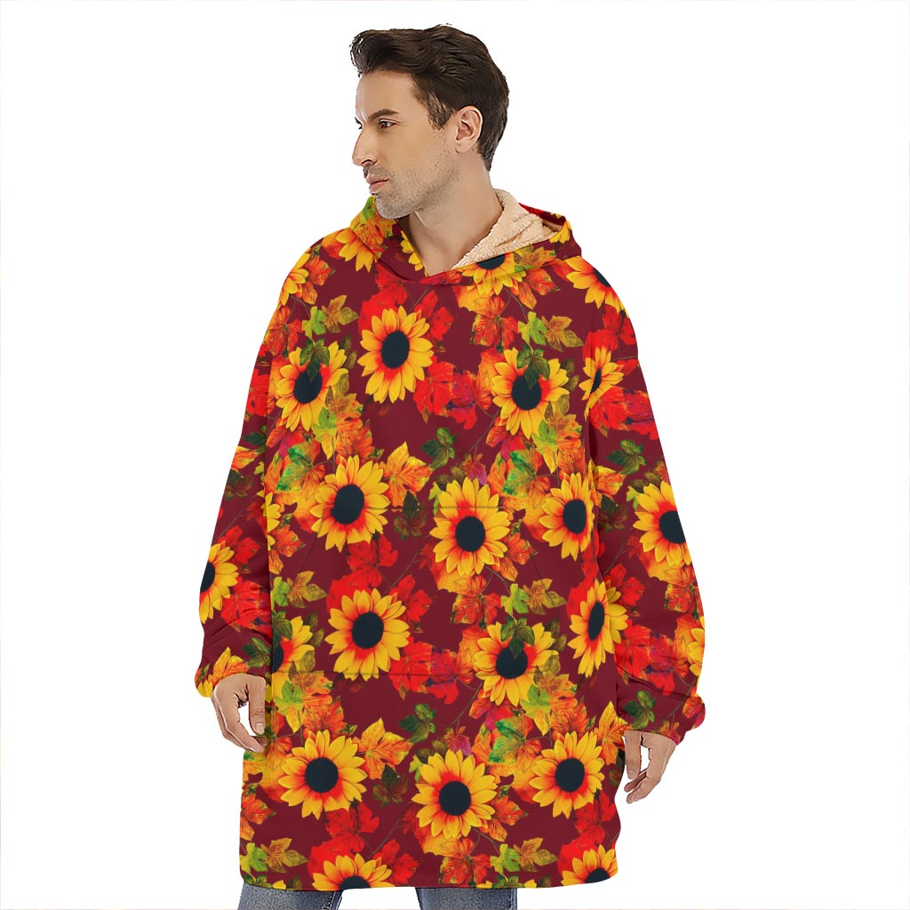 Red Autumn Sunflower Pattern Print Hoodie Blanket