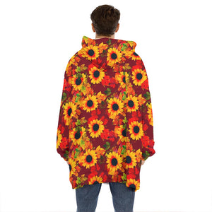 Red Autumn Sunflower Pattern Print Hoodie Blanket