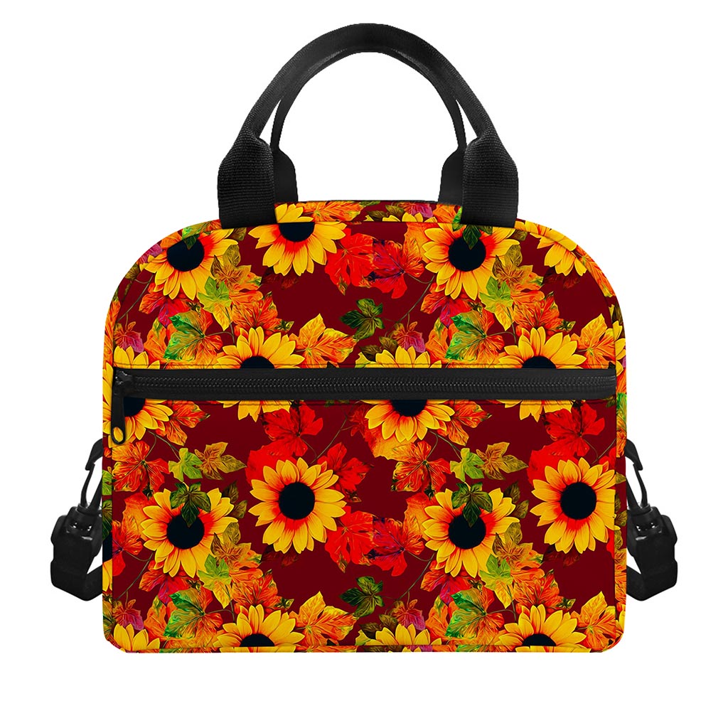 Red Autumn Sunflower Pattern Print Insulated Lunch Bag