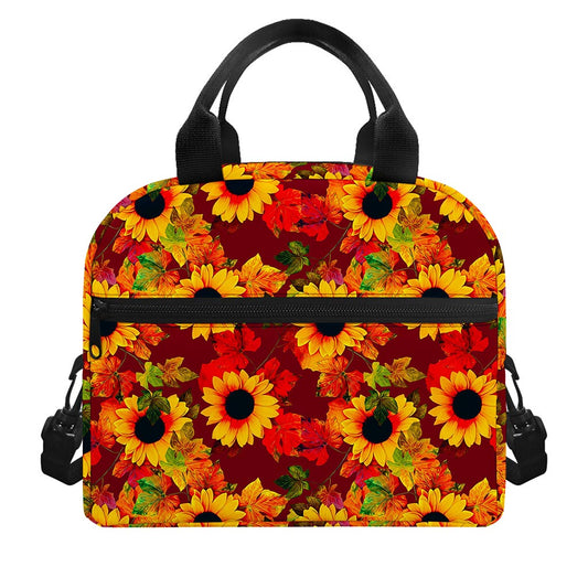 Red Autumn Sunflower Pattern Print Insulated Lunch Bag