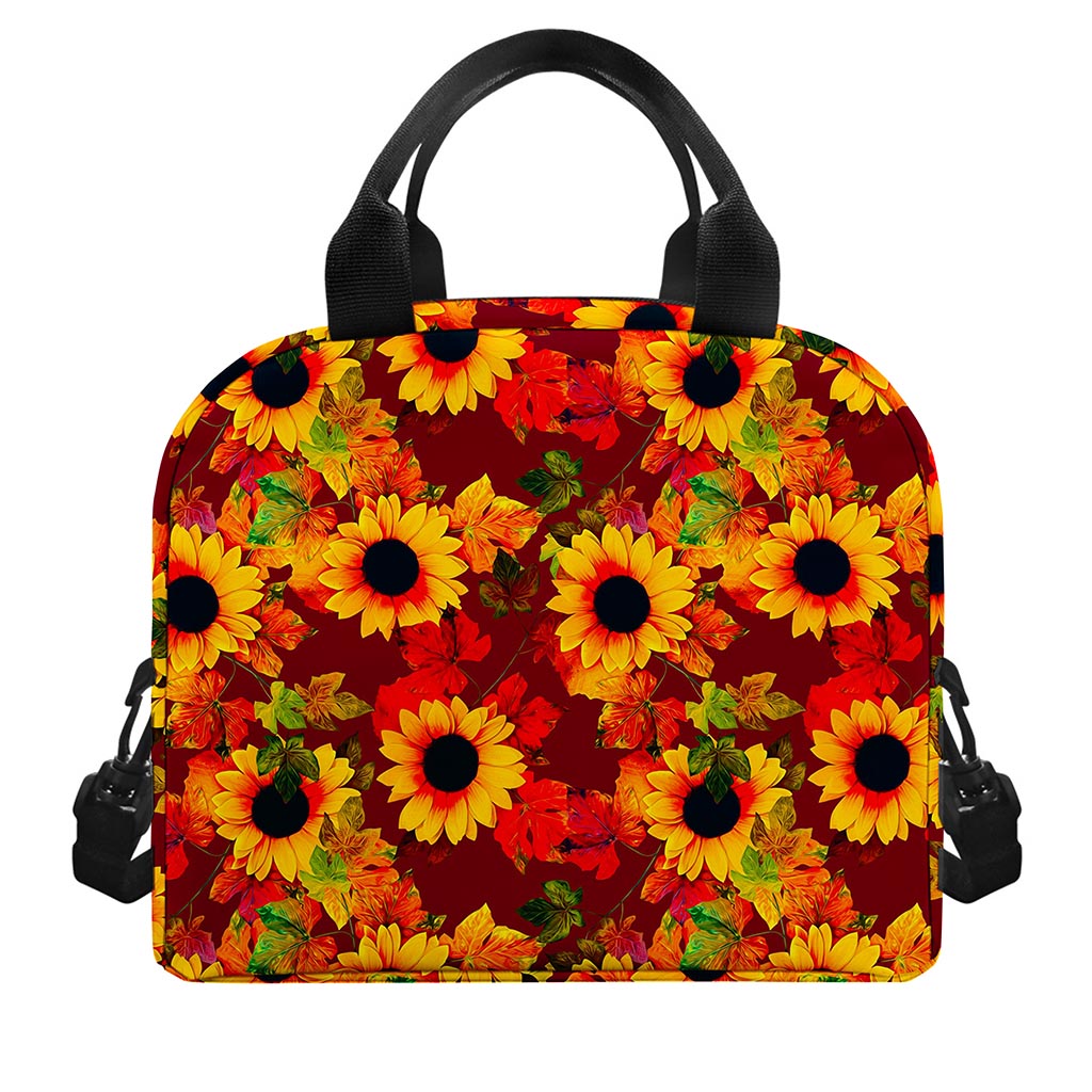 Red Autumn Sunflower Pattern Print Insulated Lunch Bag