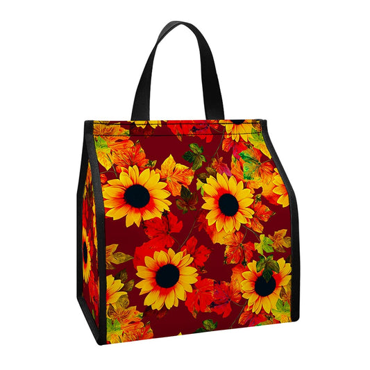 Red Autumn Sunflower Pattern Print Insulated Lunch Tote