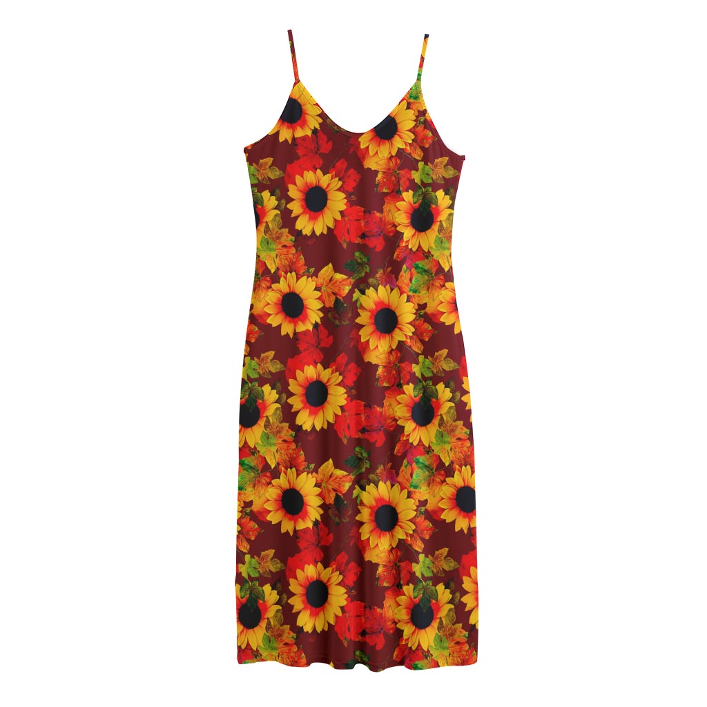 Red Autumn Sunflower Pattern Print Jersey Midi Cami Dress