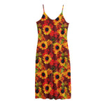 Red Autumn Sunflower Pattern Print Jersey Midi Cami Dress