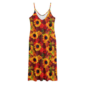 Red Autumn Sunflower Pattern Print Jersey Midi Cami Dress