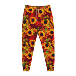 Red Autumn Sunflower Pattern Print Jogger Pants