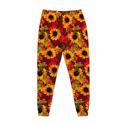 Red Autumn Sunflower Pattern Print Jogger Pants