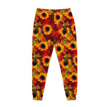 Red Autumn Sunflower Pattern Print Jogger Pants