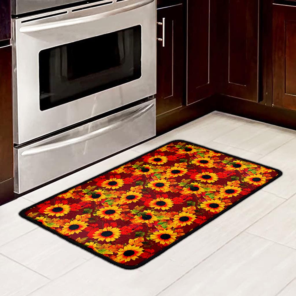 Red Autumn Sunflower Pattern Print Kitchen Mat