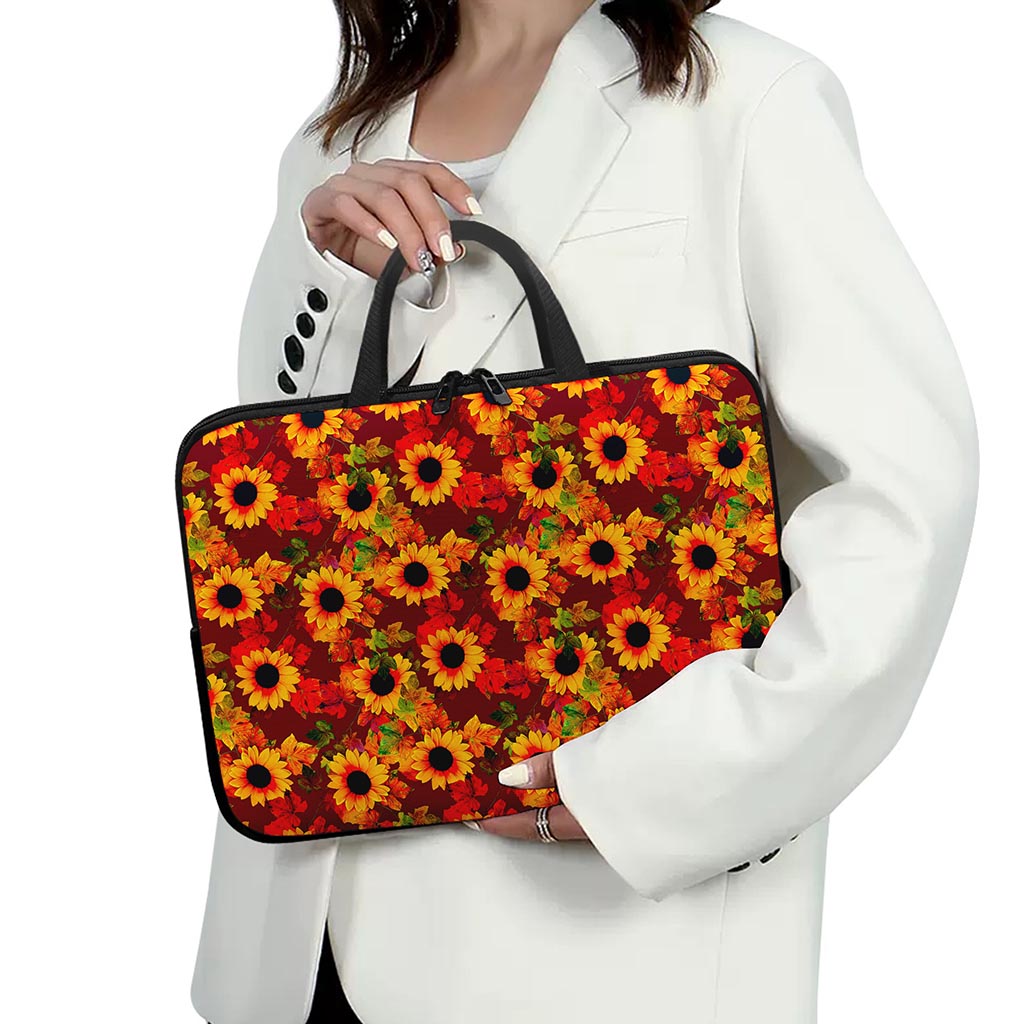 Red Autumn Sunflower Pattern Print Laptop Sleeve With Handle