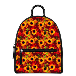 Red Autumn Sunflower Pattern Print Leather Backpack