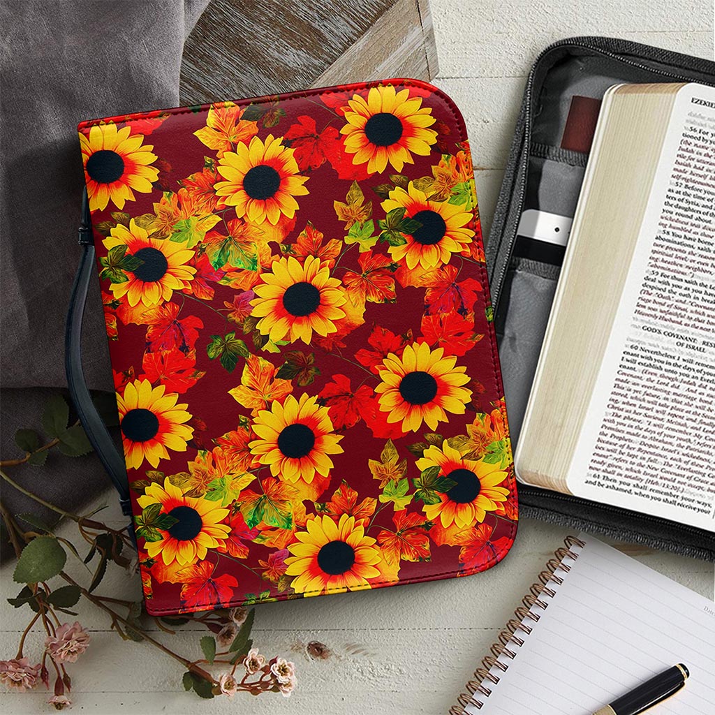 Red Autumn Sunflower Pattern Print Leather Bible Cover