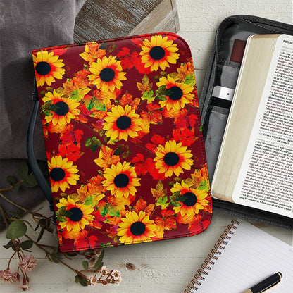 Red Autumn Sunflower Pattern Print Leather Bible Cover
