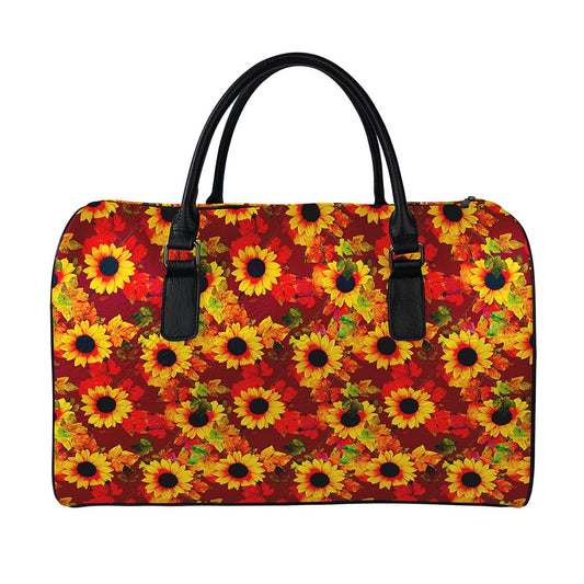 Red Autumn Sunflower Pattern Print Leather Duffle Bag