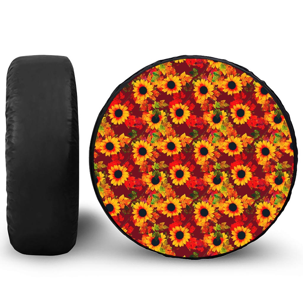 Red Autumn Sunflower Pattern Print Leather Spare Tire Cover