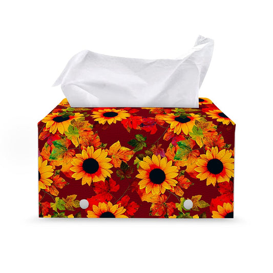 Red Autumn Sunflower Pattern Print Leather Tissue Box Cover