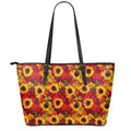 Red Autumn Sunflower Pattern Print Leather Tote Bag With Zipper