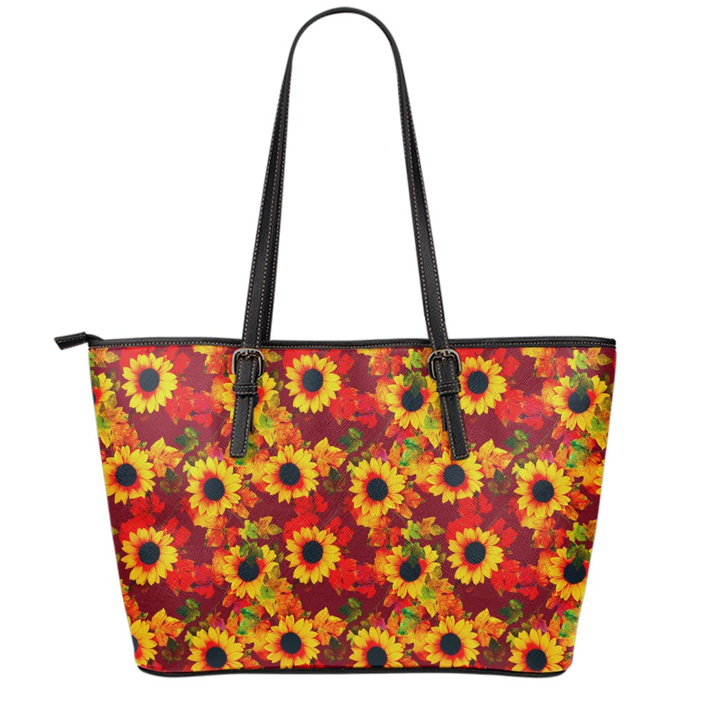 Red Autumn Sunflower Pattern Print Leather Tote Bag