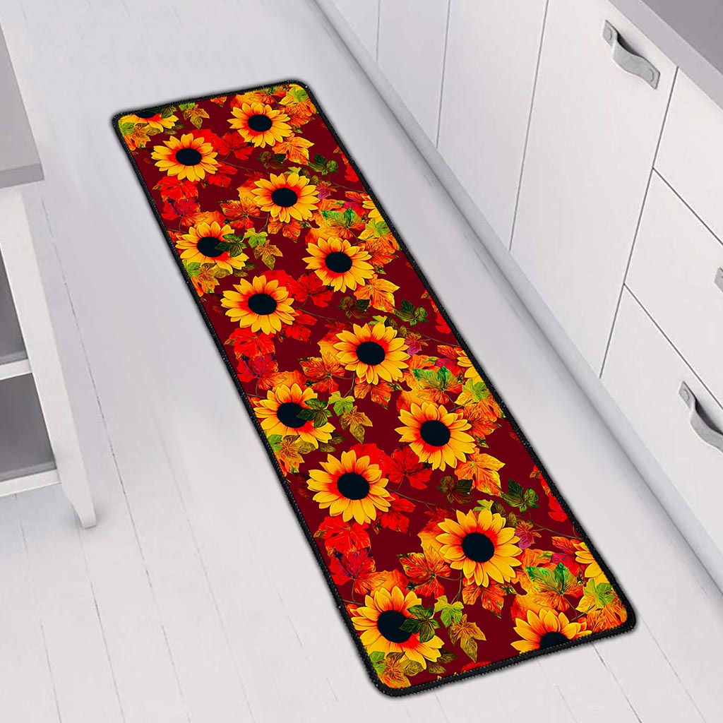 Red Autumn Sunflower Pattern Print Long Kitchen Mat