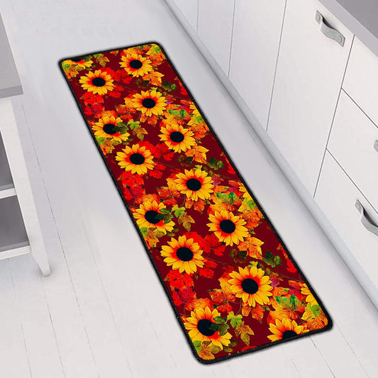 Red Autumn Sunflower Pattern Print Long Kitchen Mat