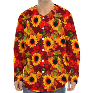 Red Autumn Sunflower Pattern Print Long Sleeve Baseball Jersey