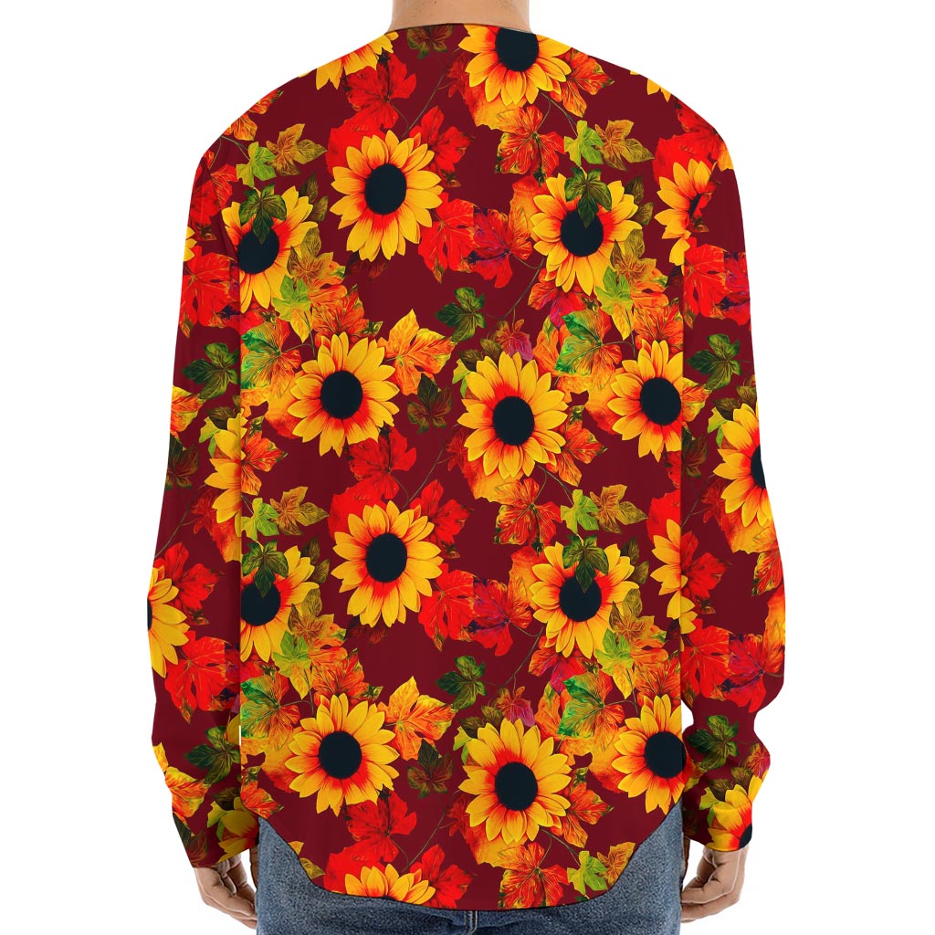 Red Autumn Sunflower Pattern Print Long Sleeve Baseball Jersey