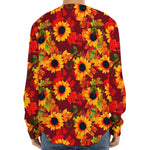 Red Autumn Sunflower Pattern Print Long Sleeve Baseball Jersey